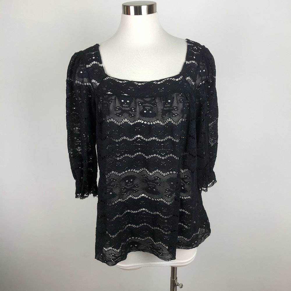 Letarte Black Lace Skulls Puff Sleeve Square Neck Swim Coverup Top Blouse M/L